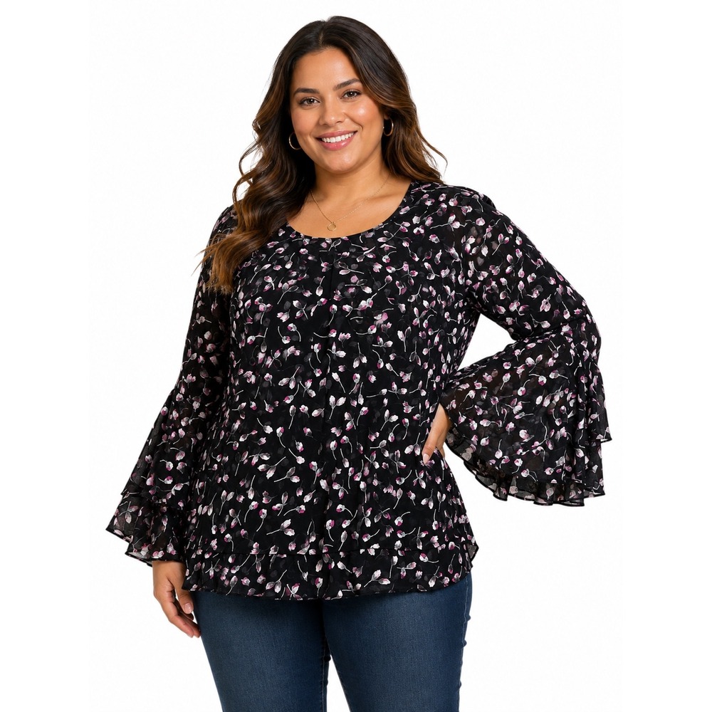 Alfani Womens 0X Black Floral Mesh V-Neck Tiered Bell Sleeve Blouse Top